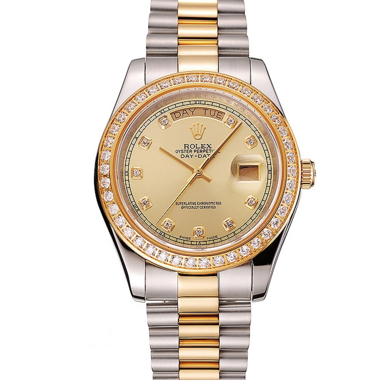 Bracelet Stainless 1453974 Steel Swiss Two Gold Champagne Dial Tone Day-Date Diamond Rolex Case 0805